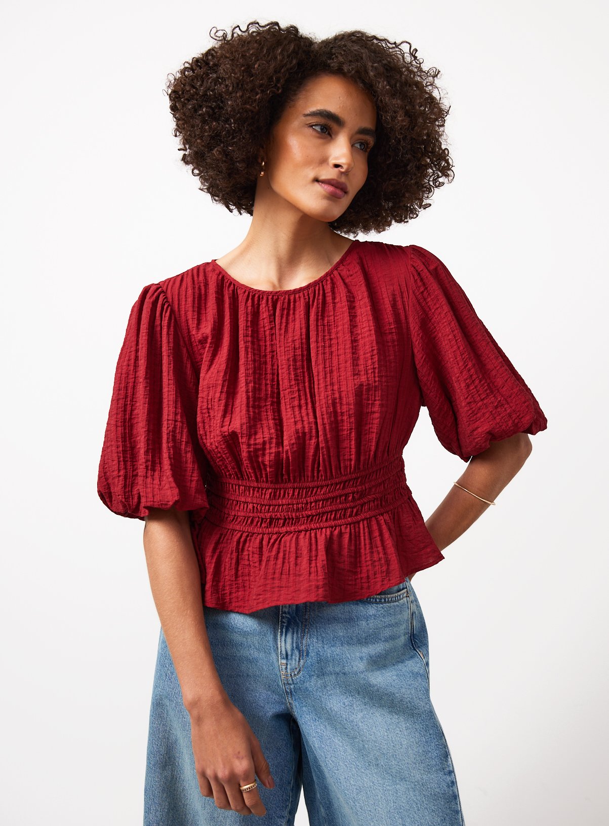 Dark Red Textured Waisted Short Sleeve Blouse 12 - Image 1 thumbnail